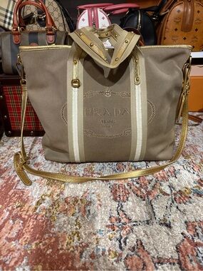 Prada Taupe Canvas Tote with Cream Straps and Gold Accents